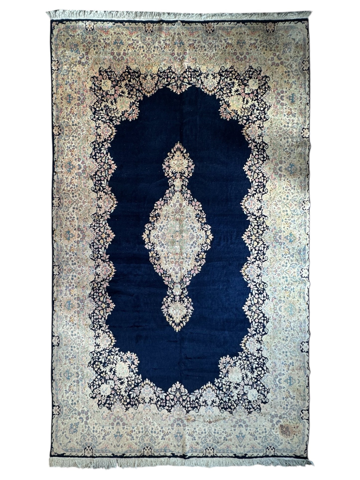 Palace-Size Vintage Royal Kirman Wool Rug – 9’9” x 17’2” – Hand-Knotted Persian Elegance with Deep Navy Field - Nuvé
