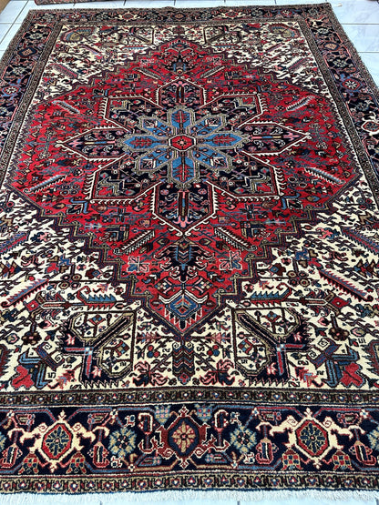 Hand-Knotted Persian Heriz Wool Rug – 9’ x 12’ – Geometric Medallion Design - Nuvé