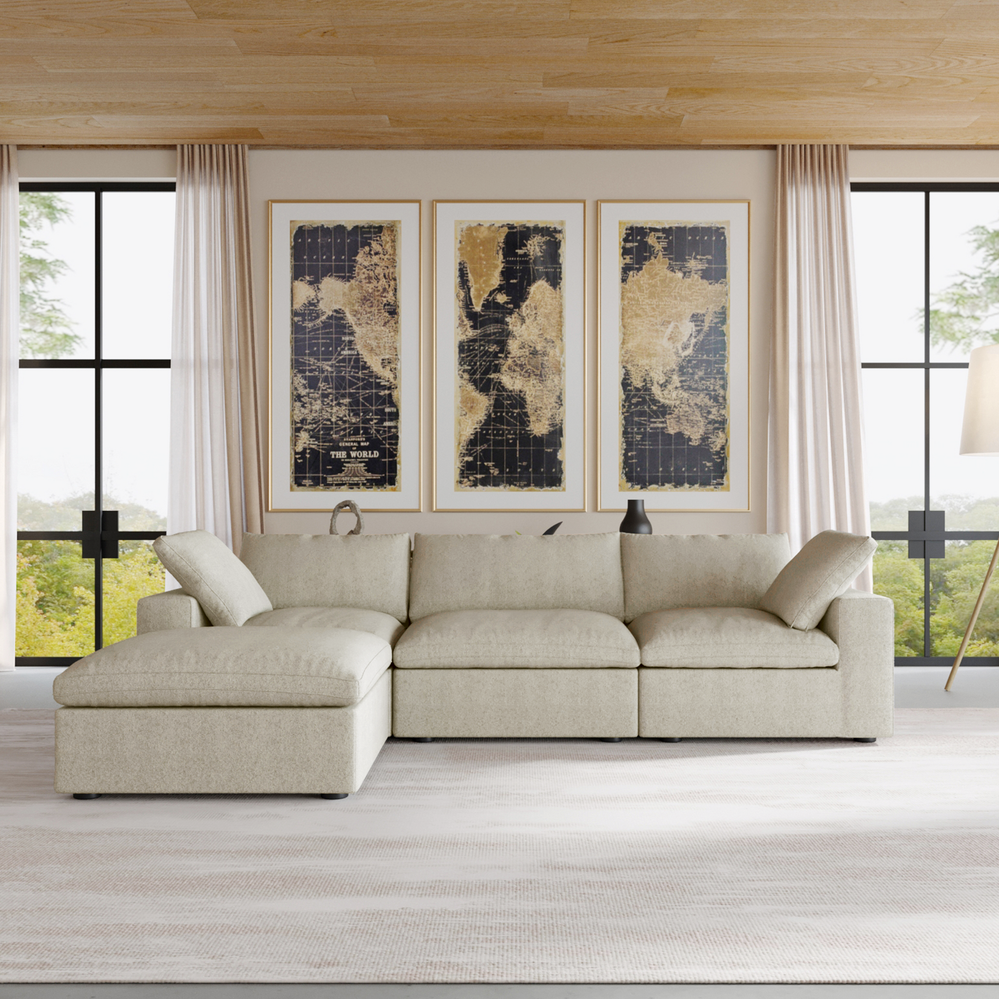Nuvé® Solace Modular Bouclé Cloud Sofa - Khaki - 3-Seater Sectional Sofa with Ottoman - Nuvé