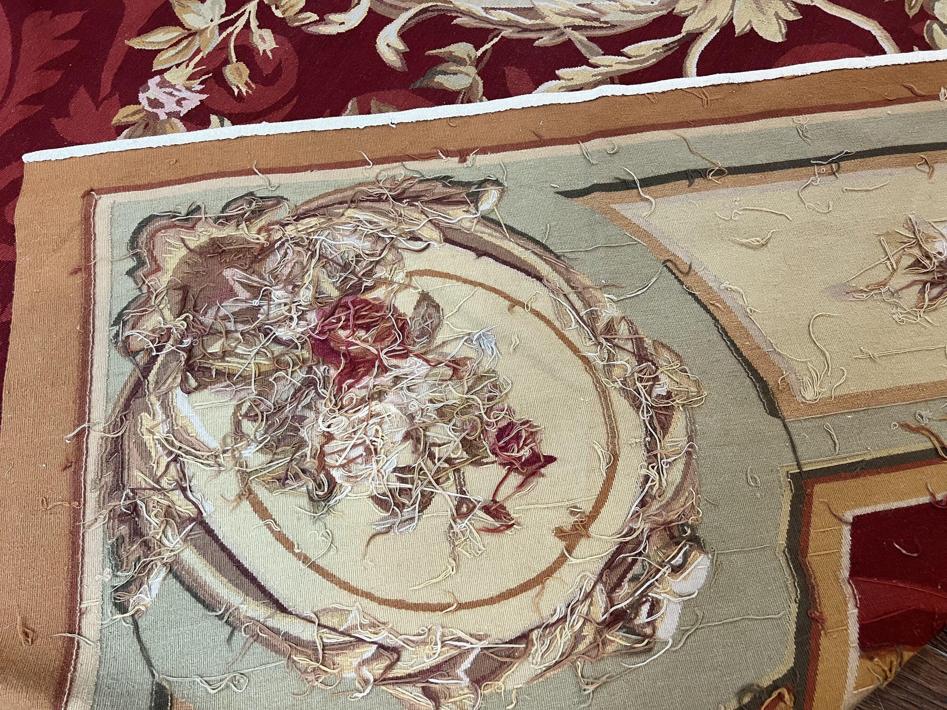 Large Aubusson Rug 10x14, Wool Handmade Vintage Carpet, Dark Red Ivory Tan, French European Elegant Aubusson Weave Rug - Nuvé