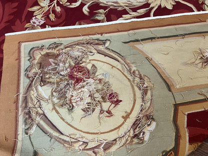 Large Aubusson Rug 10x14, Wool Handmade Vintage Carpet, Dark Red Ivory Tan, French European Elegant Aubusson Weave Rug - Nuvé