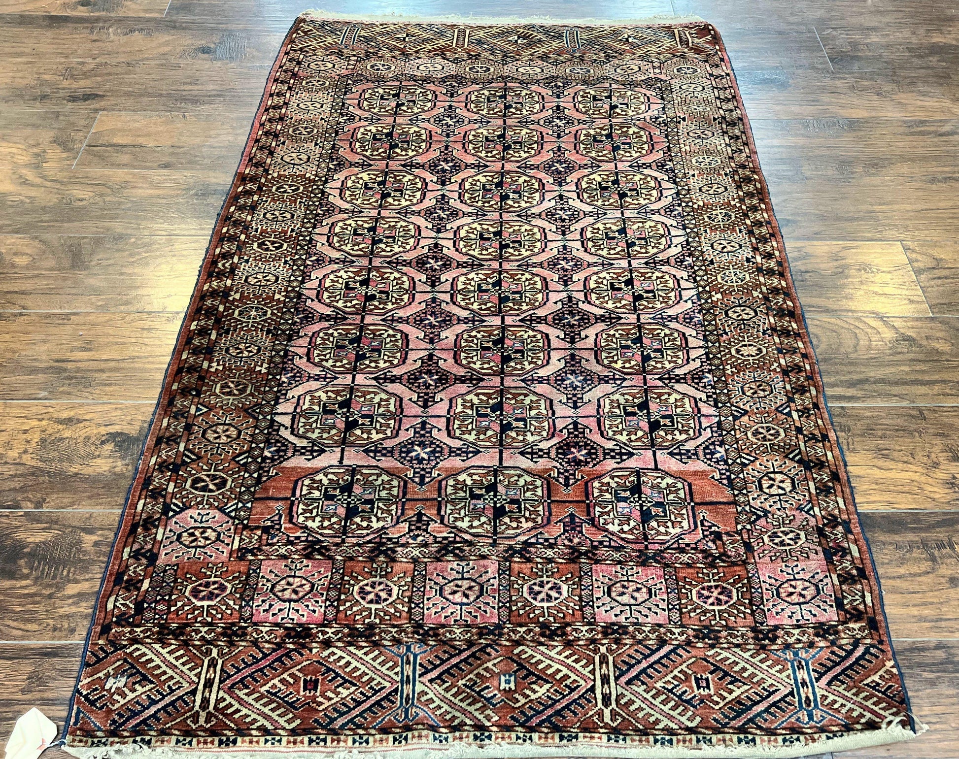Persian Turkoman Rug 4x6, Wool Hand Knotted Antique Bokhara Carpet, Red Pink, Handmade Tribal Oriental Rug 4 x 6 ft - Nuvé