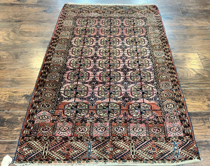 Persian Turkoman Rug 4x6, Wool Hand Knotted Antique Bokhara Carpet, Red Pink, Handmade Tribal Oriental Rug 4 x 6 ft - Nuvé