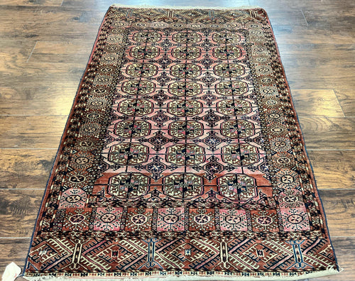 Persian Turkoman Rug 4x6, Wool Hand Knotted Antique Bokhara Carpet, Red Pink, Handmade Tribal Oriental Rug 4 x 6 ft - Nuvé