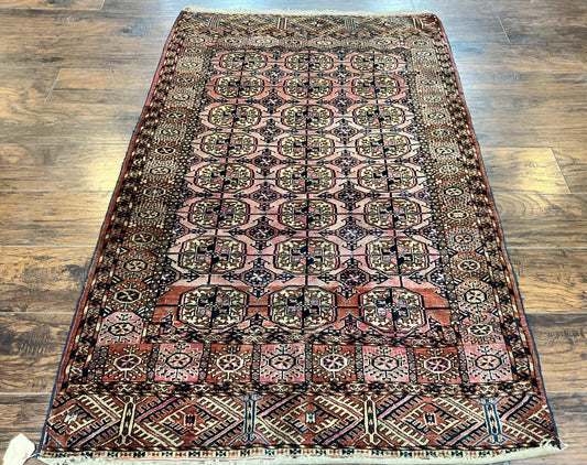 Persian Turkoman Rug 4x6, Wool Hand Knotted Antique Bokhara Carpet, Red Pink, Handmade Tribal Oriental Rug 4 x 6 ft - Nuvé