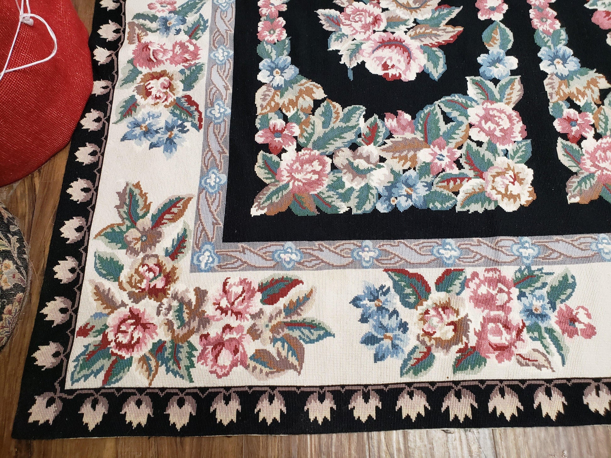 Floral Needlepoint Rug 9.5 x 13.6, Floral Panel Design, Black and Ivory Flatweave Aubusson Carpet, Multicolor - Nuvé