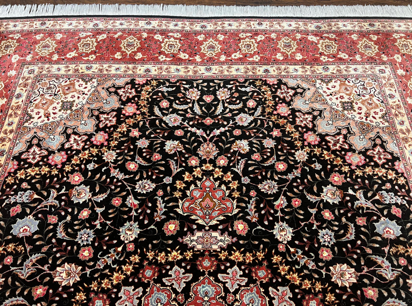 Marvelous Persian Tabriz Rug 7x10 ft, Super Fine 50 Raj, 300+ KPSI, Black and Rust Red, Floral Medallion Handmade Wool Oriental Carpet, Top Quality - Nuvé