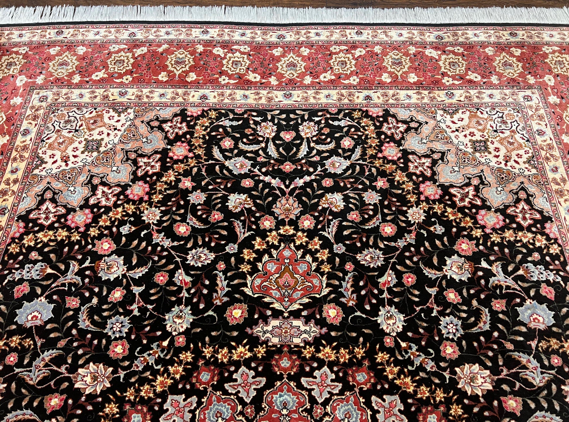 Marvelous Persian Tabriz Rug 7x10 ft, Super Fine 50 Raj, 300+ KPSI, Black and Rust Red, Floral Medallion Handmade Wool Oriental Carpet, Top Quality - Nuvé