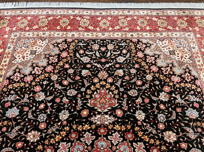 Marvelous Persian Tabriz Rug 7x10 ft, Super Fine 50 Raj, 300+ KPSI, Black and Rust Red, Floral Medallion Handmade Wool Oriental Carpet, Top Quality - Nuvé