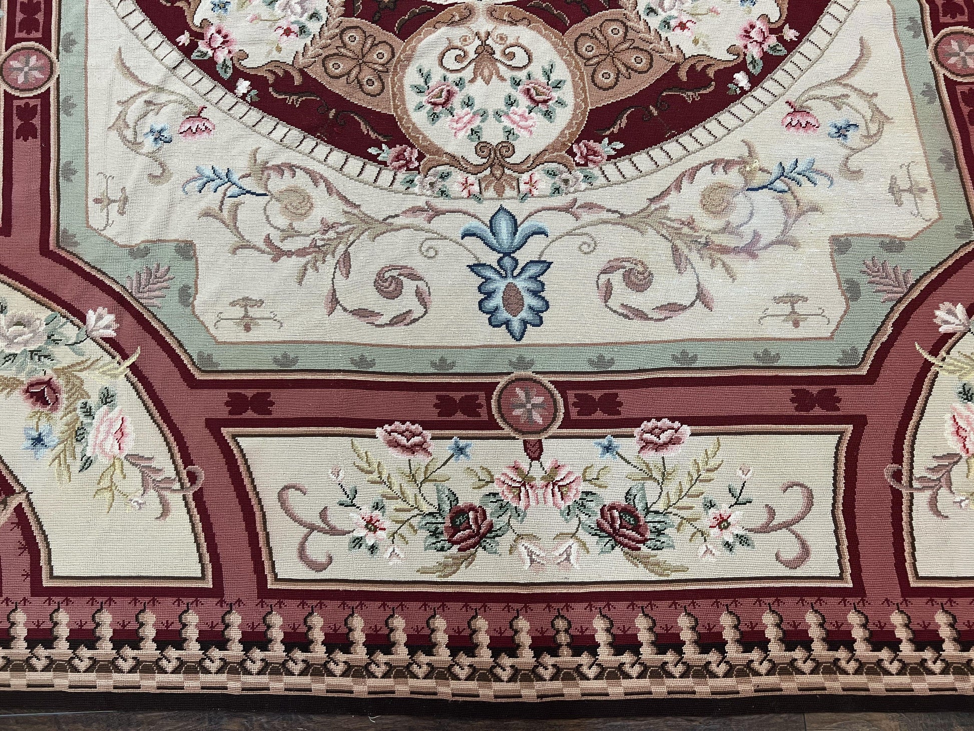 Needlepoint Rug 7.9 x 9, Beige Maroon Rose, Handmade Handwoven Flatweave Aubusson Savonnerie French European Elegant Carpet, Wool Rug - Nuvé