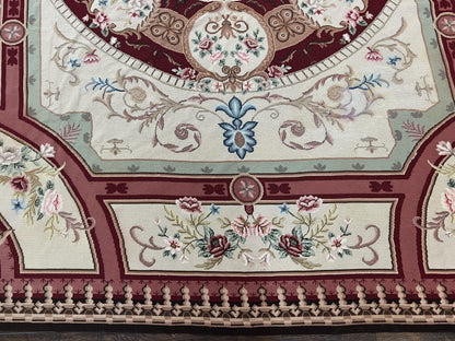 Needlepoint Rug 7.9 x 9, Beige Maroon Rose, Handmade Handwoven Flatweave Aubusson Savonnerie French European Elegant Carpet, Wool Rug - Nuvé