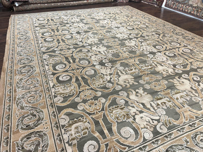 Spanish Rug 11x14, Wool Hand Knotted Vintage Carpet, Olive Green and Beige, Floral Allover, European Design, 11 x 14 Rug - Nuvé