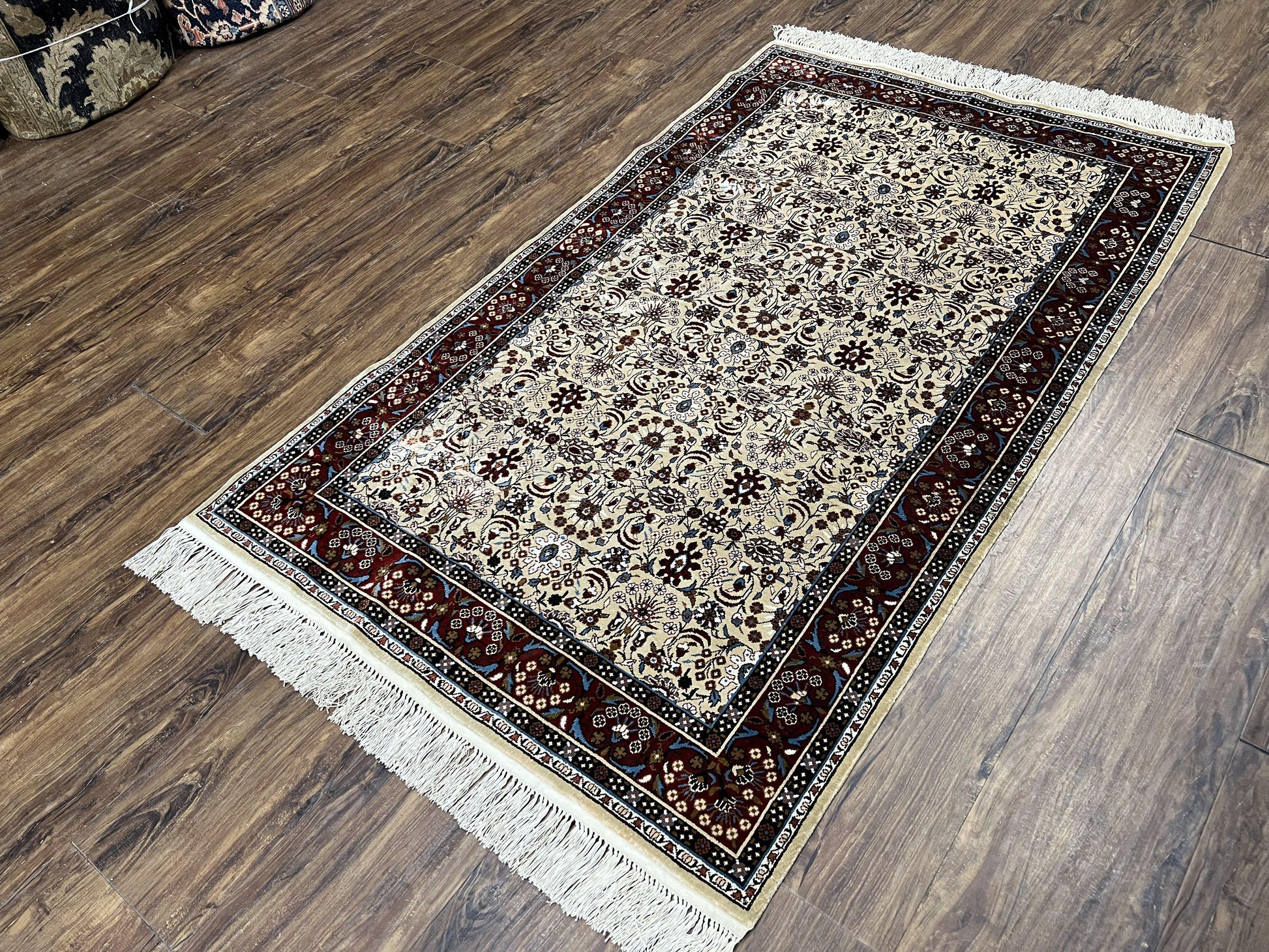 Fine Sino-Persian Silk Rug 3x5, High Quality Silk Carpet, Handmade Small Silk Rug, Allover Repeated Motif, Tan Maroon Blue Vintage Silk Rug - Nuvé