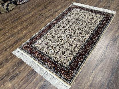 Fine Sino-Persian Silk Rug 3x5, High Quality Silk Carpet, Handmade Small Silk Rug, Allover Repeated Motif, Tan Maroon Blue Vintage Silk Rug - Nuvé