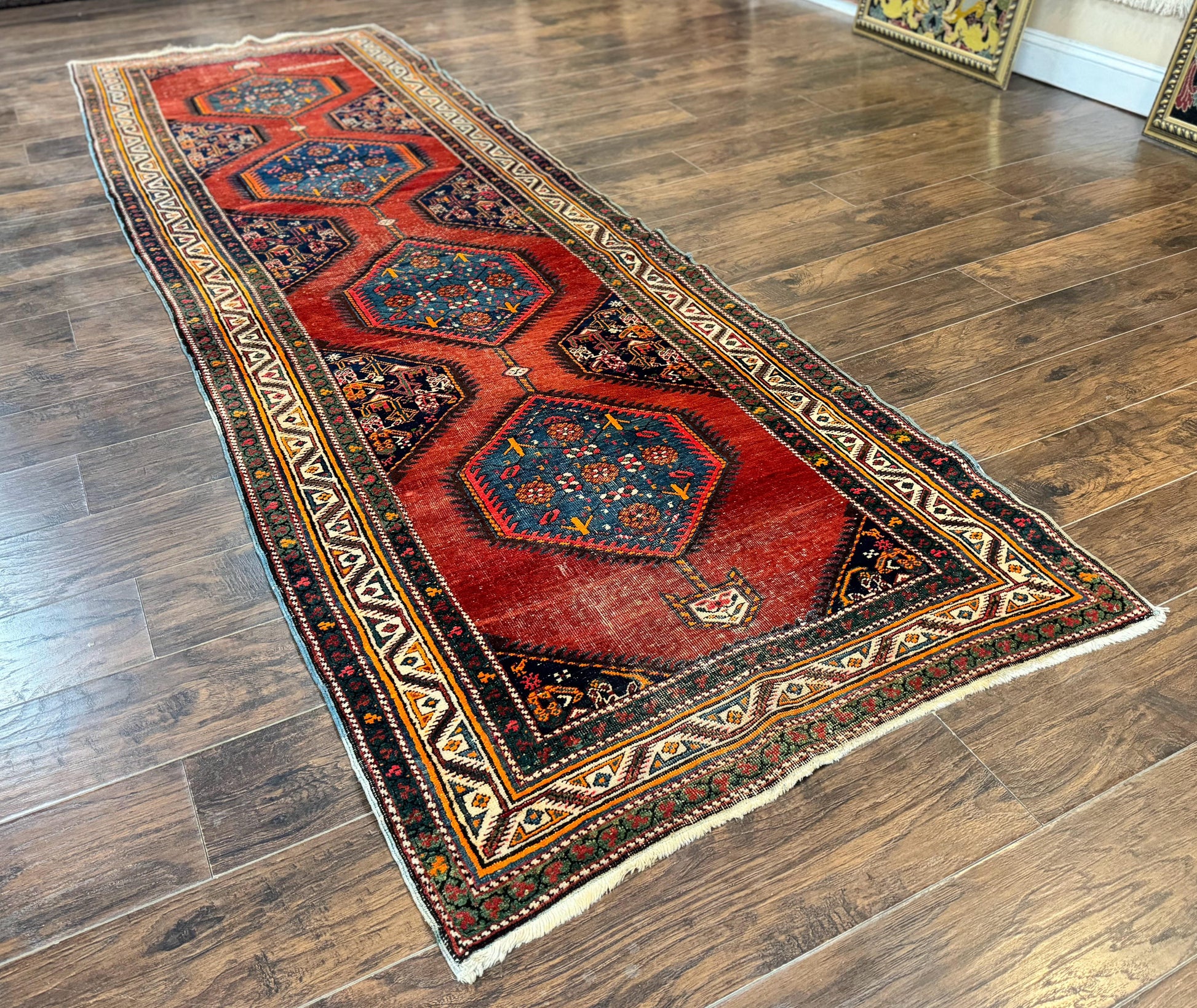 Antique Persian Sarab Runner Rug 3.9 x 12, Red, Handmade, Tribal Runner, Wool, Signed - Nuvé