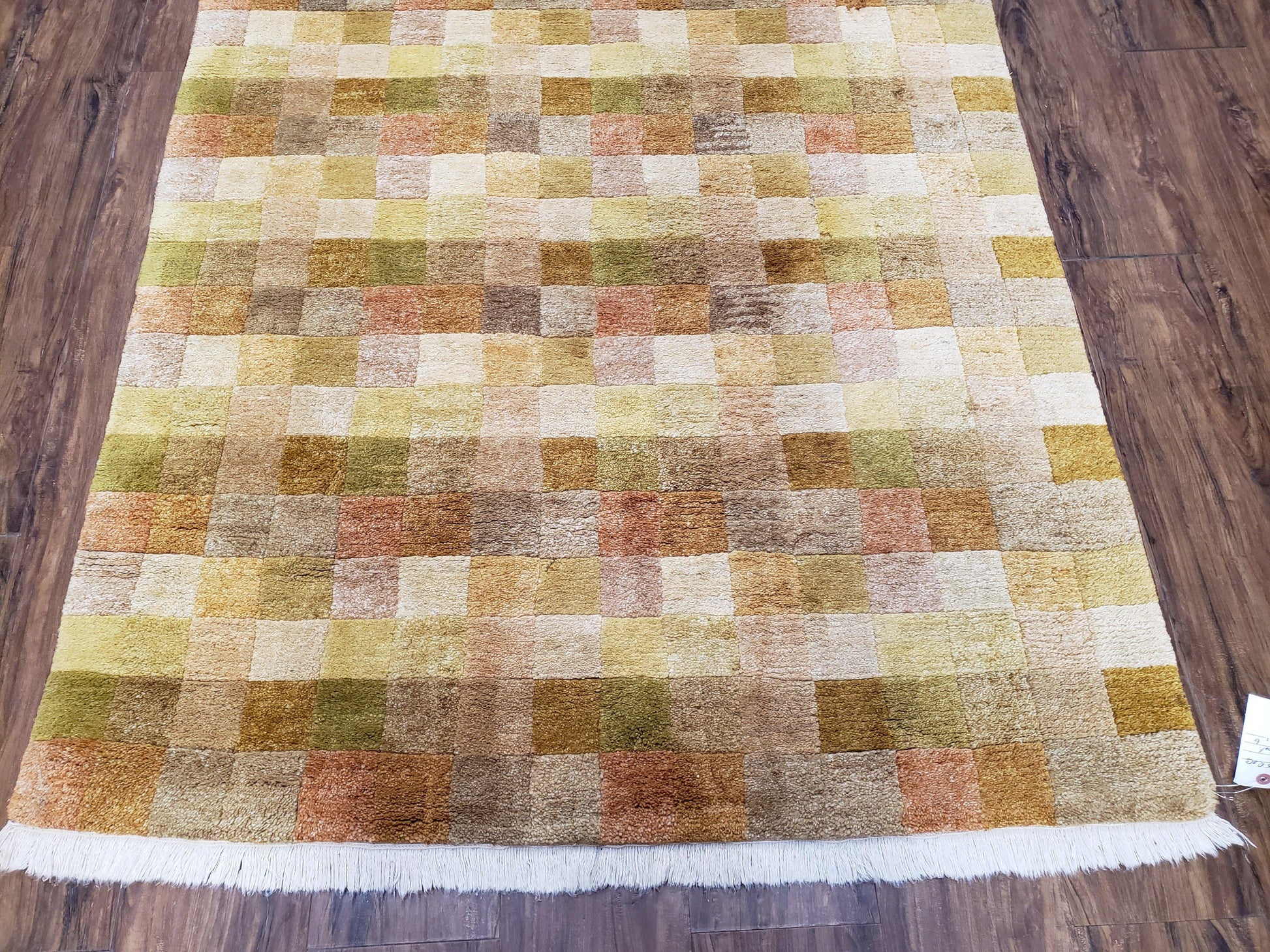4x6 Tibetan Rug, Modern Abstract Handmade Area Rug, Checkerboard Pattern, Neutral Ivory Gold Tan Colors, Soft Pile, Mid Sized Rug, Nepali - Nuvé