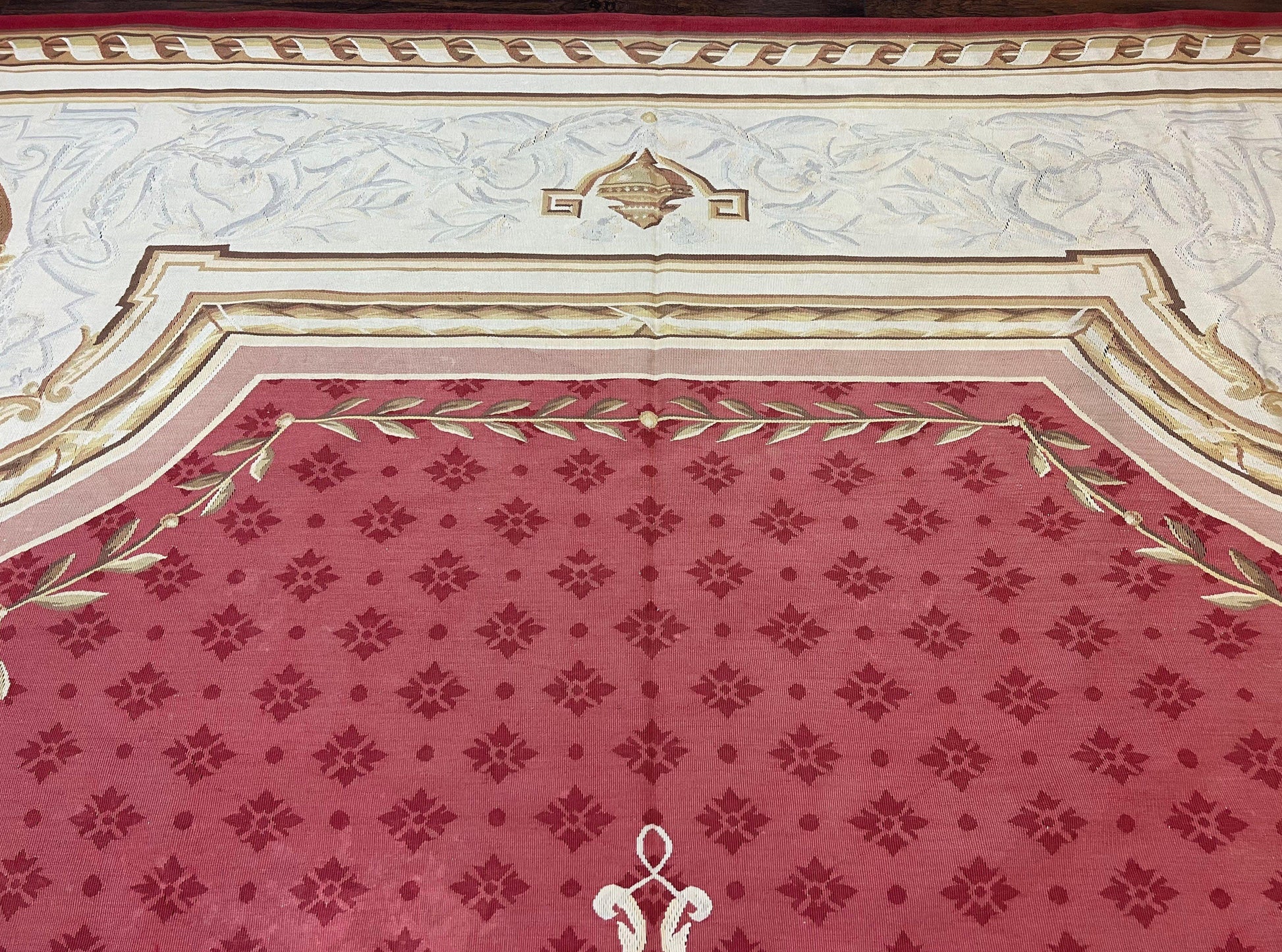 Aubusson Rug 9x12 ft, Red and Ivory Elegant Aubusson Carpet, Flatweave, Vintage Wool Handmade Area Rug 9 x 12, French European Design - Nuvé