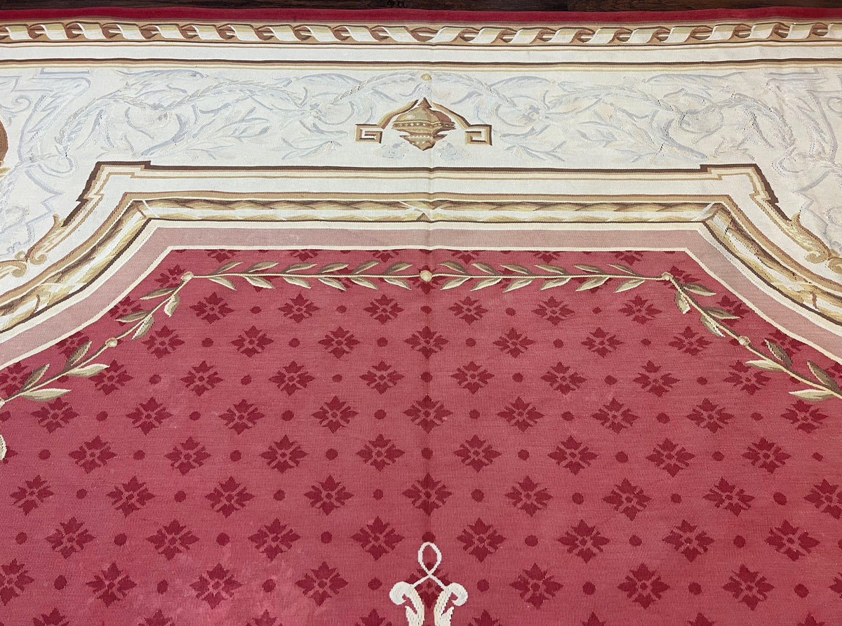 Aubusson Rug 9x12 ft, Red and Ivory Elegant Aubusson Carpet, Flatweave, Vintage Wool Handmade Area Rug 9 x 12, French European Design