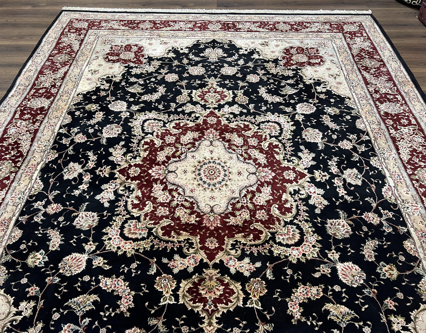 Pak Persian Rug 8.8 x 10.6, Floral Medallion, Wool and Silk Hand Knotted Fine Oriental Carpet, Elegant Rug, Black Gray Burgundy, Room Sized - Nuvé