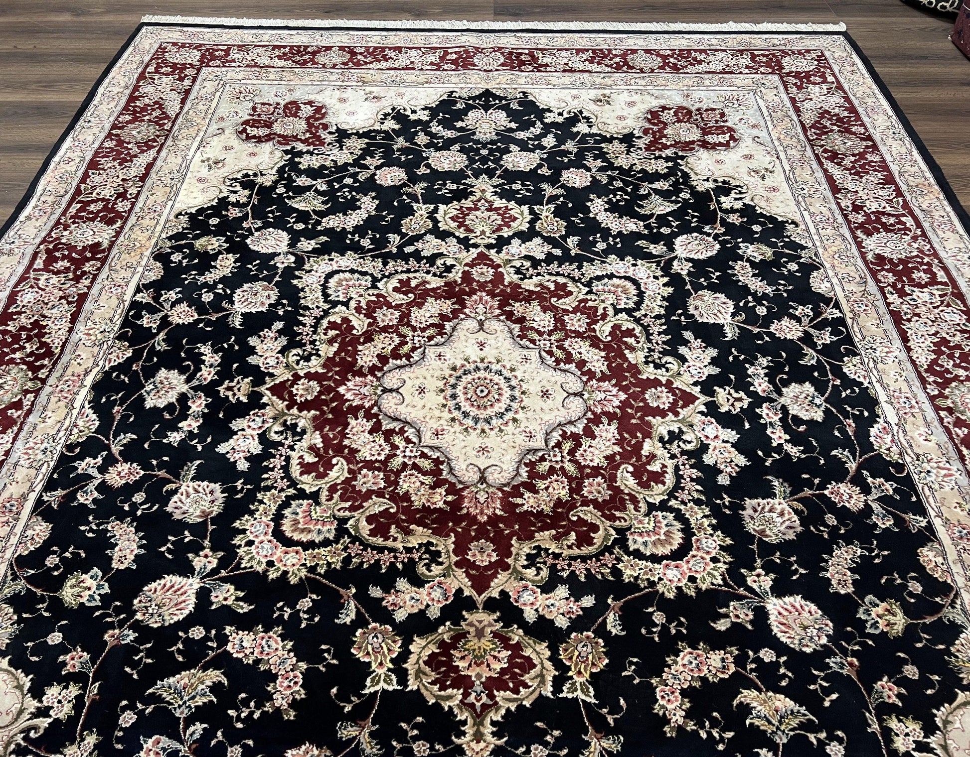 Pak Persian Rug 8.8 x 10.6, Floral Medallion, Wool and Silk Hand Knotted Fine Oriental Carpet, Elegant Rug, Black Gray Burgundy, Room Sized - Nuvé