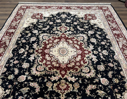 Pak Persian Rug 8.8 x 10.6, Floral Medallion, Wool and Silk Hand Knotted Fine Oriental Carpet, Elegant Rug, Black Gray Burgundy, Room Sized - Nuvé