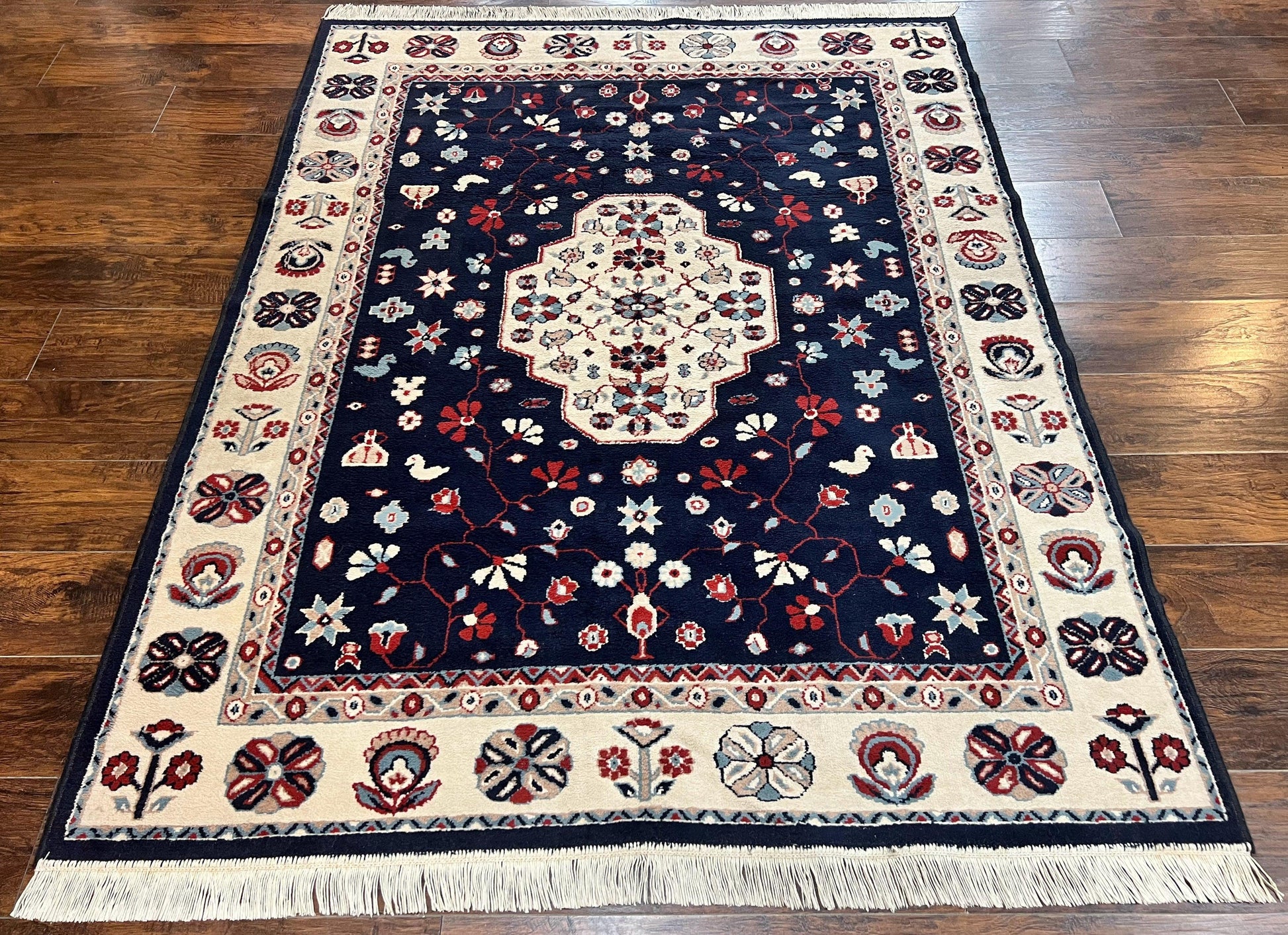 Belgium Power Loomed Rug 5.6 x 7, Navy Blue and Ivory, Heriz Pattern, Vintage Oriental Carpet - Nuvé