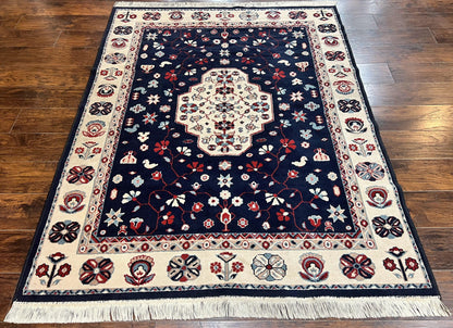 Belgium Power Loomed Rug 5.6 x 7, Navy Blue and Ivory, Heriz Pattern, Vintage Oriental Carpet - Nuvé