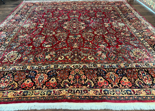 Persian Sarouk Rug 10x10, Square Persian Carpet, Red, Floral, Antique - Nuvé