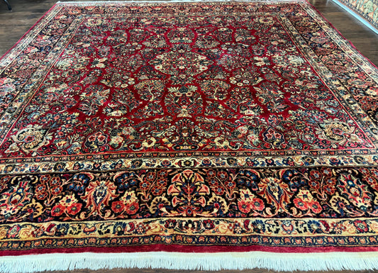 Persian Sarouk Rug 10x10, Square Persian Carpet, Red, Floral, Antique - Nuvé