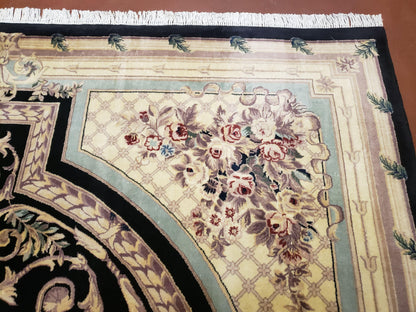 8x10 Aubusson Rug, Fine Hand Knotted Wool Carpet, French European Design, Black & Ivory - Nuvé