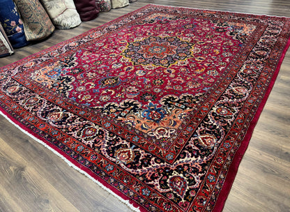 Red Persian Mashad Rug 10x13 - Floral Medallion Signed By Masterweaver - Nuvé