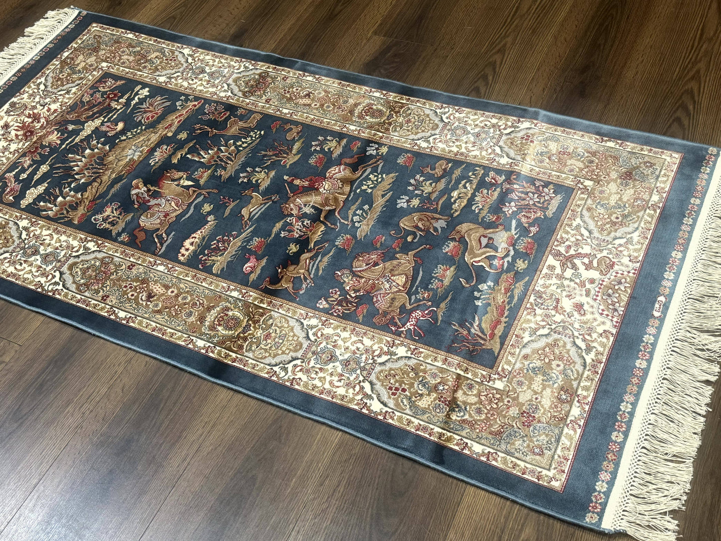 Turkish Silk Hunting Scene Rug 2.6 x 5, Dark Steel Blue & Ivory, Bamboo Silk, New - Nuvé