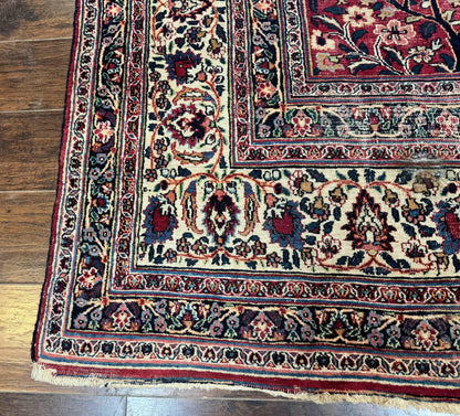Antique Persian Mashad Rug 10x12, Red and Ivory, Signed by Master Weaver