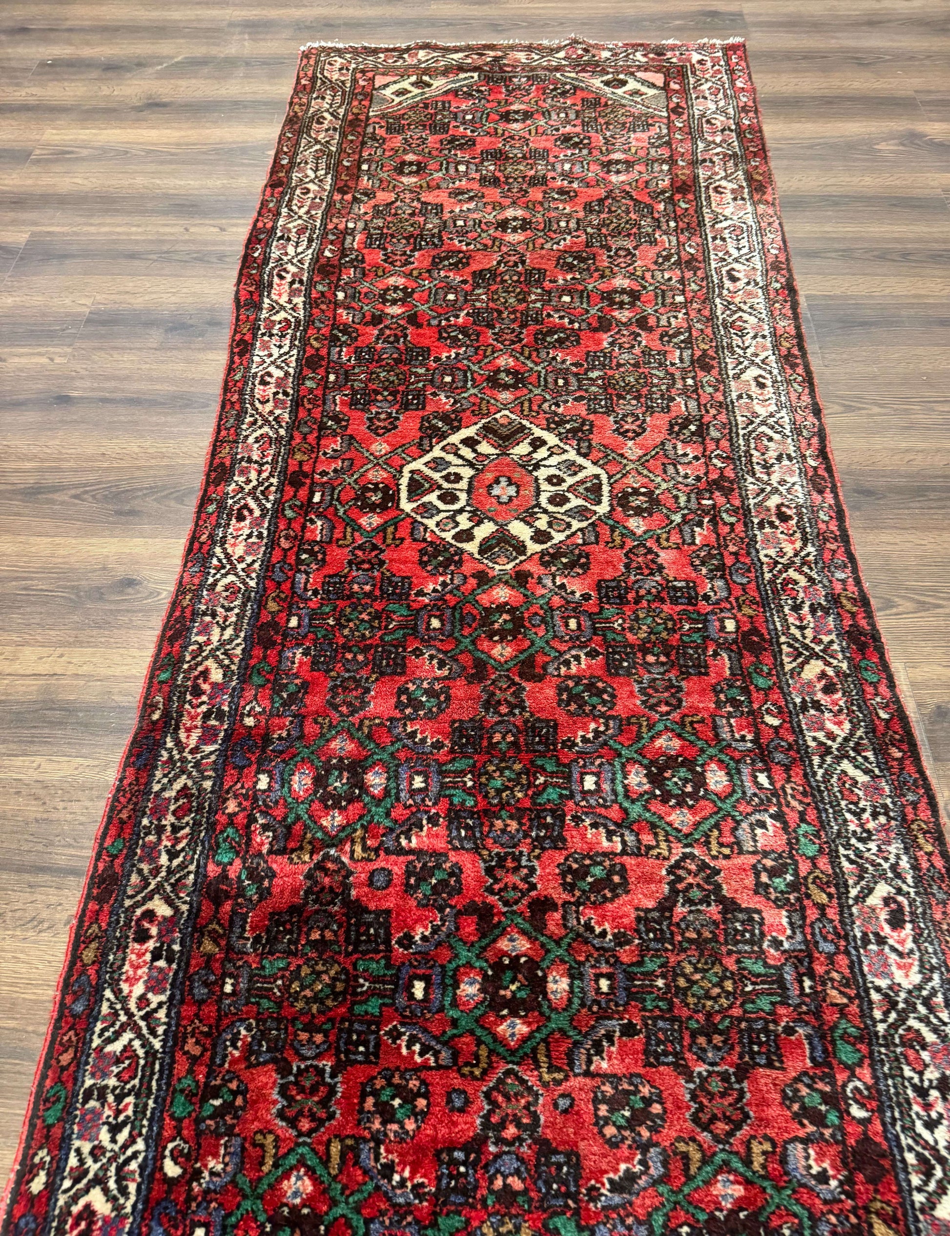 Persian Runner Rug 3x10, Wool Hand Knotted Hallway Rug 3 x 10 ft, Red and Ivory, Hamadan Angelas Runner - Nuvé