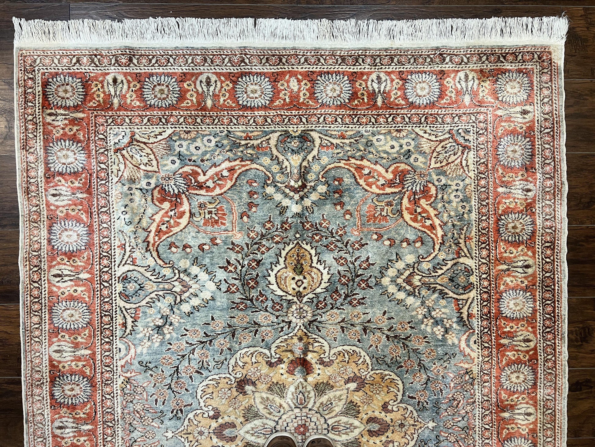 Silk Turkish Rug 5x7, Light Blue Silk Carpet, Floral Medallion, Turkish Kayseri Rug, Vintage Handmade Oriental Rug - Nuvé