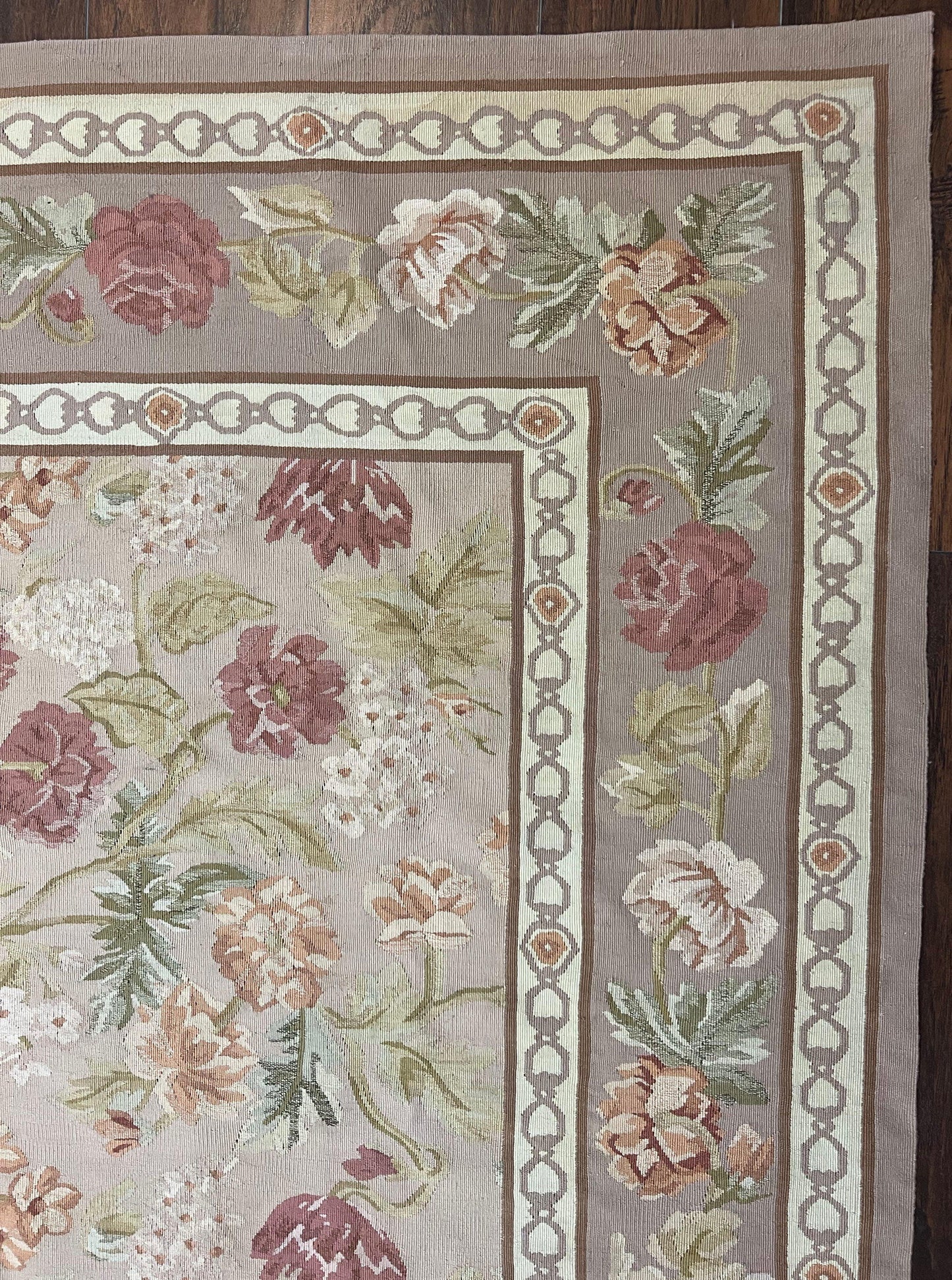 Aubusson Rug 9x12, Pink Beige Light Mauve, Handmade Allover Floral Roses, Wool Flatweave Carpet 9 x 12 ft, European French Design, Elegant - Nuvé
