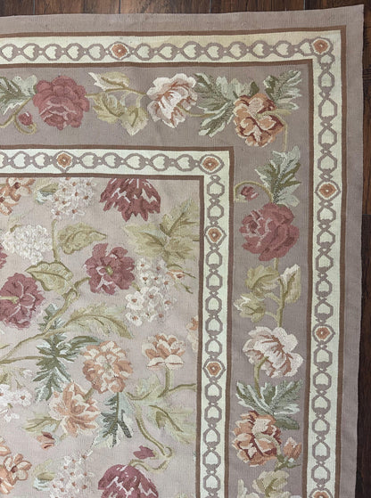 Aubusson Rug 9x12, Pink Beige Light Mauve, Handmade Allover Floral Roses, Wool Flatweave Carpet 9 x 12 ft, European French Design, Elegant - Nuvé