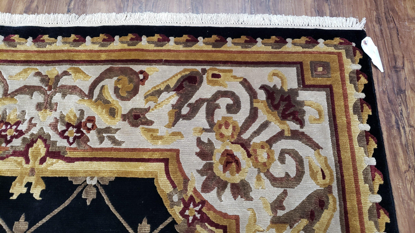 6x9 Nepalese Rug, Aubusson Savonnerie Area Rug 6 x 9 with Soft Pile, Hand-Knotted Wool Black & Beige Tibetan New Carpet European Design - Nuvé