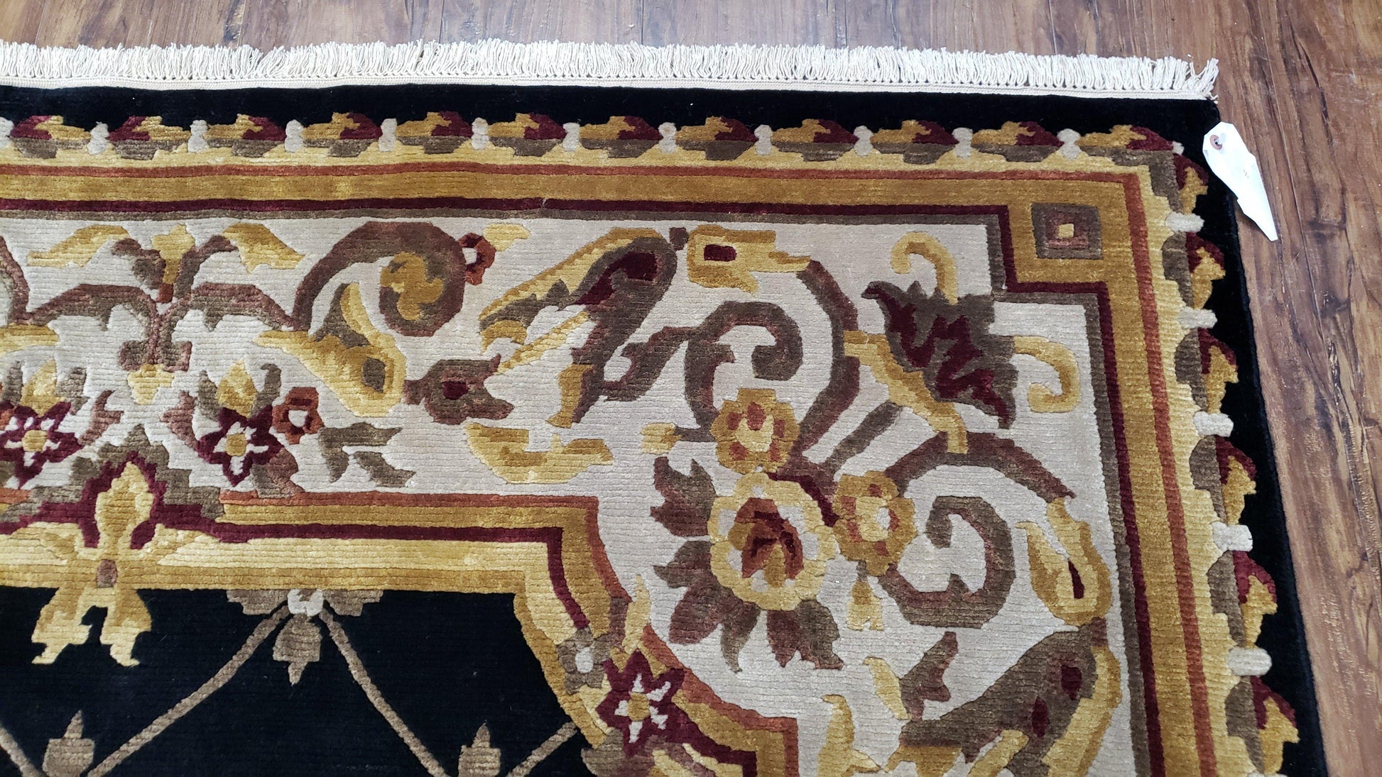 6x9 Nepalese Rug, Aubusson Savonnerie Area Rug 6 x 9 with Soft Pile, Hand-Knotted Wool Black & Beige Tibetan New Carpet European Design - Nuvé