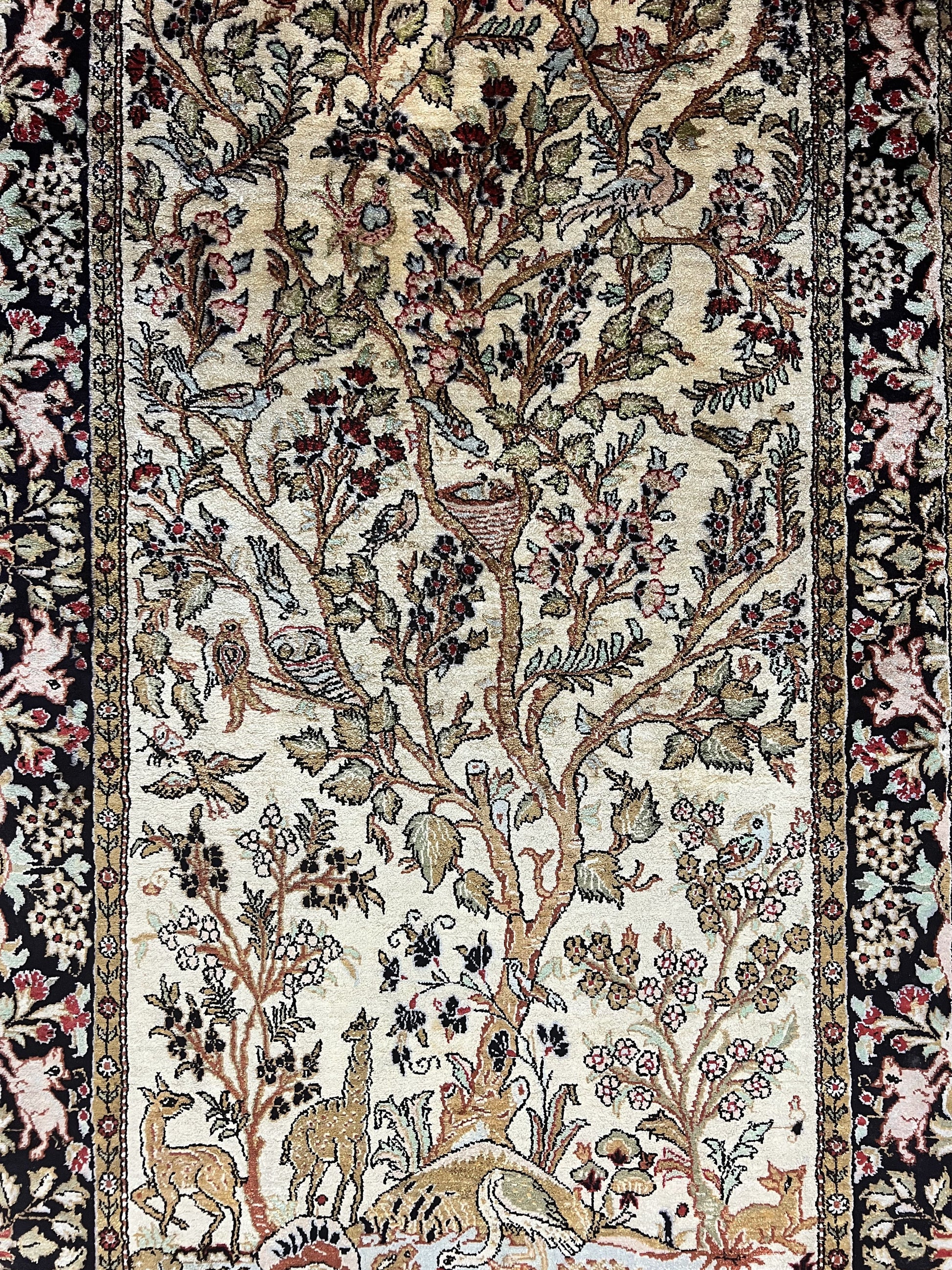 Silk Tree of Life Persian Qum Rug 3x4, Hand Knotted Vintage Carpet, Cream & Black, Very Fine Oriental Rug, Animal Pictorials, Birds - Nuvé