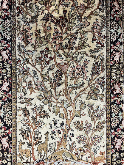 Silk Tree of Life Persian Qum Rug 3x4, Hand Knotted Vintage Carpet, Cream & Black, Very Fine Oriental Rug, Animal Pictorials, Birds - Nuvé