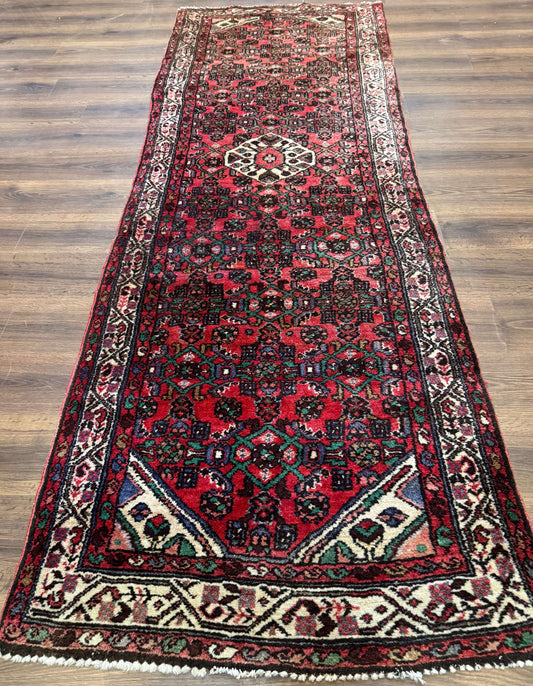 Persian Runner Rug 3x10, Wool Hand Knotted Hallway Rug 3 x 10 ft, Red and Ivory, Hamadan Angelas Runner - Nuvé