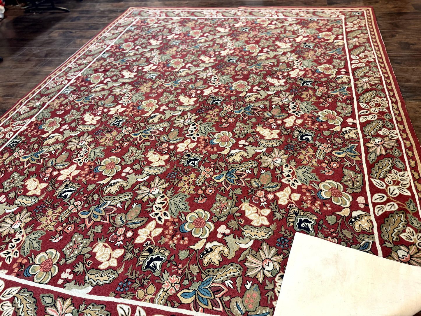 Indian Hand Stitched Rug 8x10, Large Vintage Floral Handmade Carpet, Dark Red Multicolor