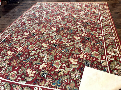 Indian Hand Stitched Rug 8x10, Large Vintage Floral Handmade Carpet, Dark Red Multicolor