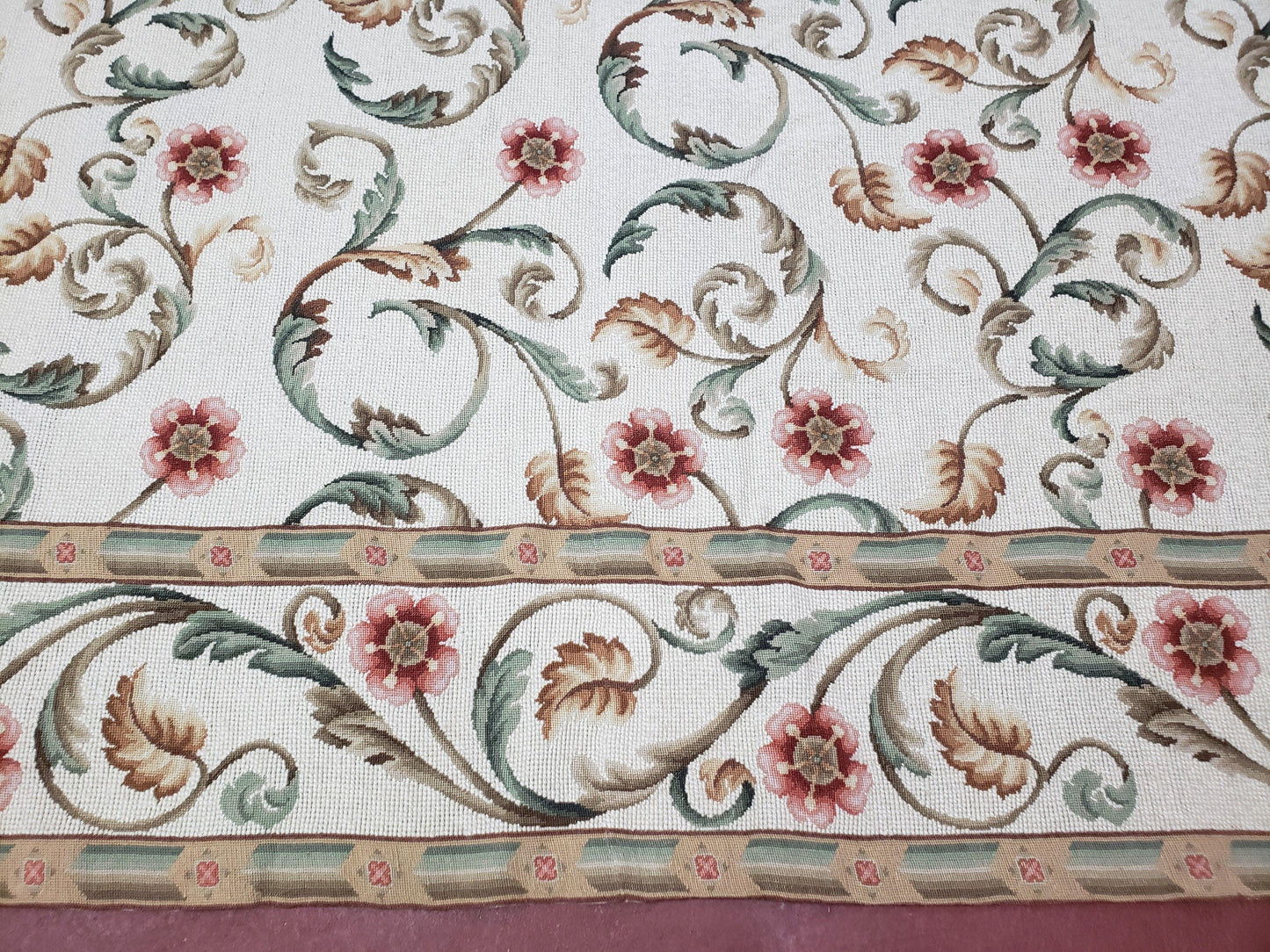 Needlepoint Rug 9x12, European Aubusson Design, Floral Allover Garden Pattern, New Needlepoint Area Rug, Ivory Rug, Hand Woven, Flatweave - Nuvé