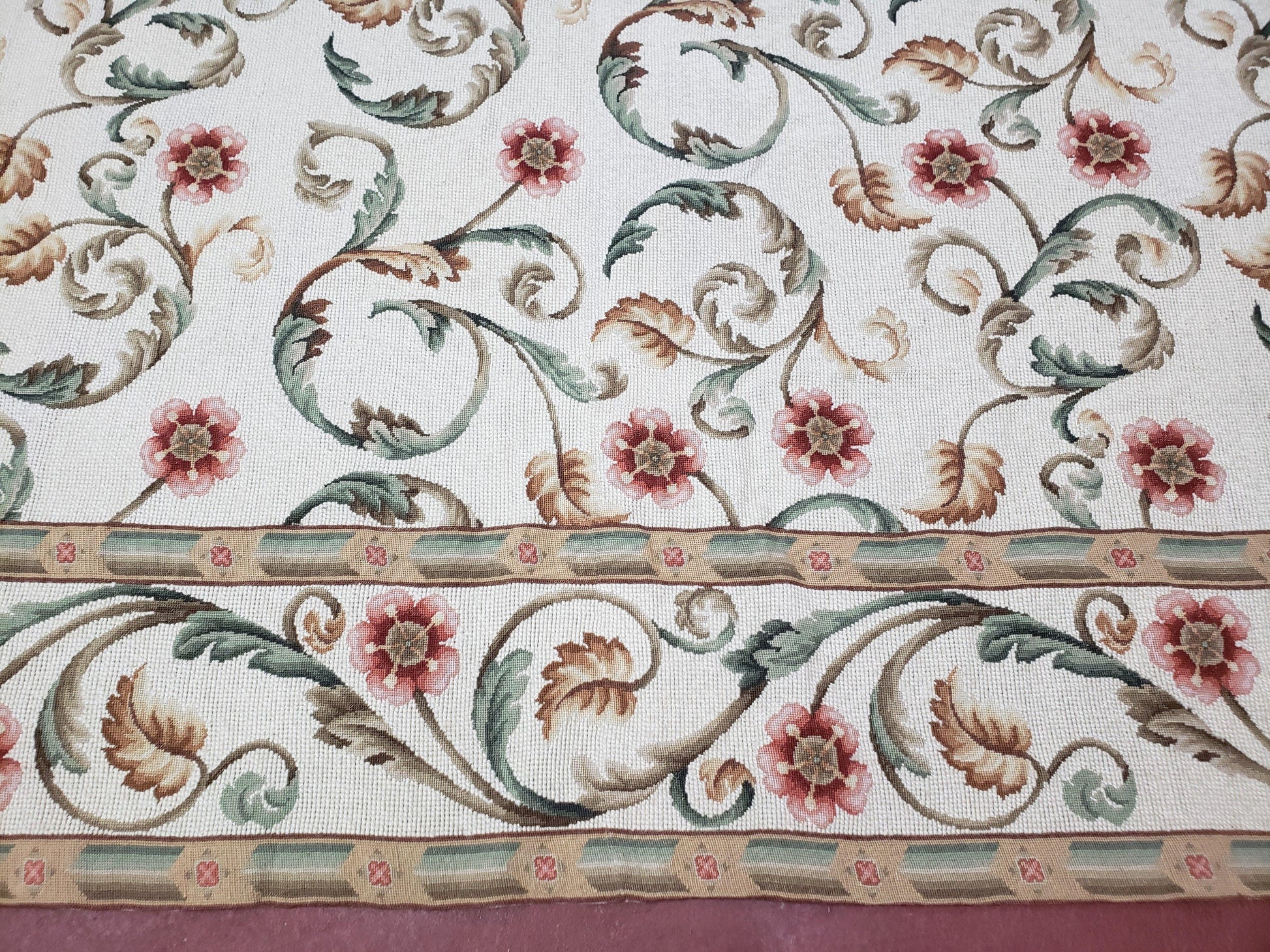 Needlepoint Rug 9x12, European Aubusson Design, Floral Allover Garden Pattern, New Needlepoint Area Rug, Ivory Rug, Hand Woven, Flatweave - Nuvé