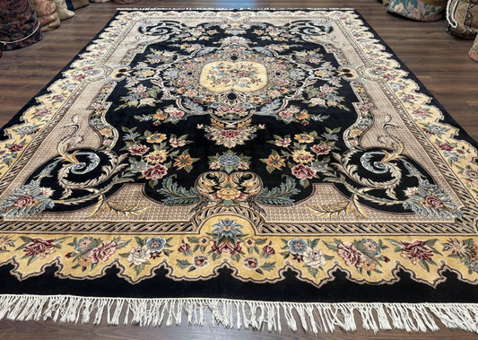 Aubusson Rug 9x12, Black and Beige, Floral, Elegant Handmade French European Design Carpet - Nuvé
