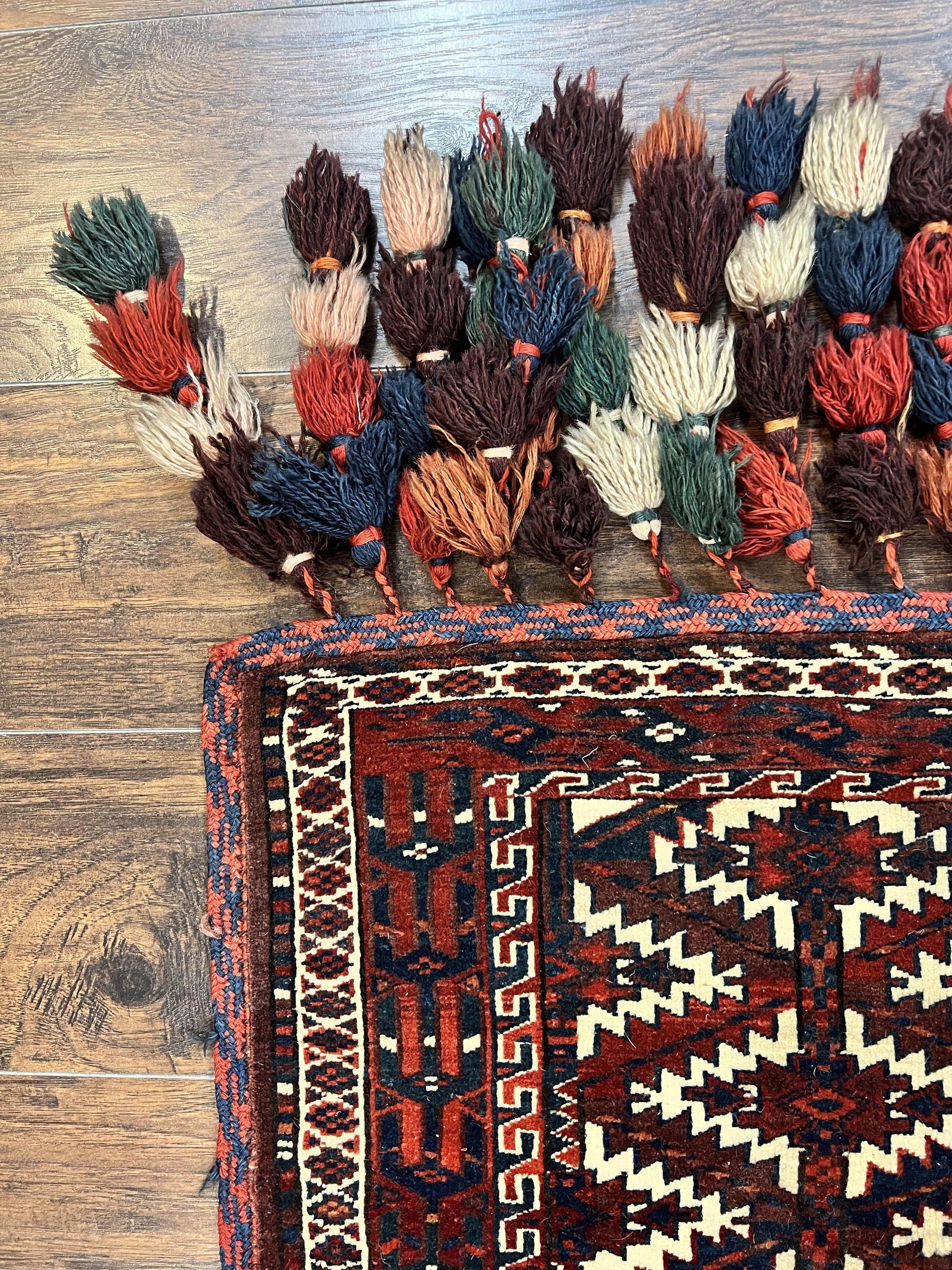 Antique Turkoman Camel Trapping, Turkoman Asmalyk, Red Black Ivory, Handmade, Hand Knotted Tribal Collectible Rug, Rare - Nuvé
