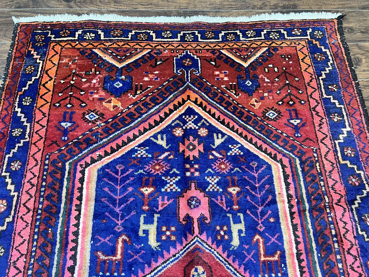 Persian Tribal Rug 5x7, Wool Handmade Vintage Hamadan Nahavand Carpet, Red & Navy Blue, Animal Motifs, Geometric Oriental Rug 5 x 7 - Nuvé