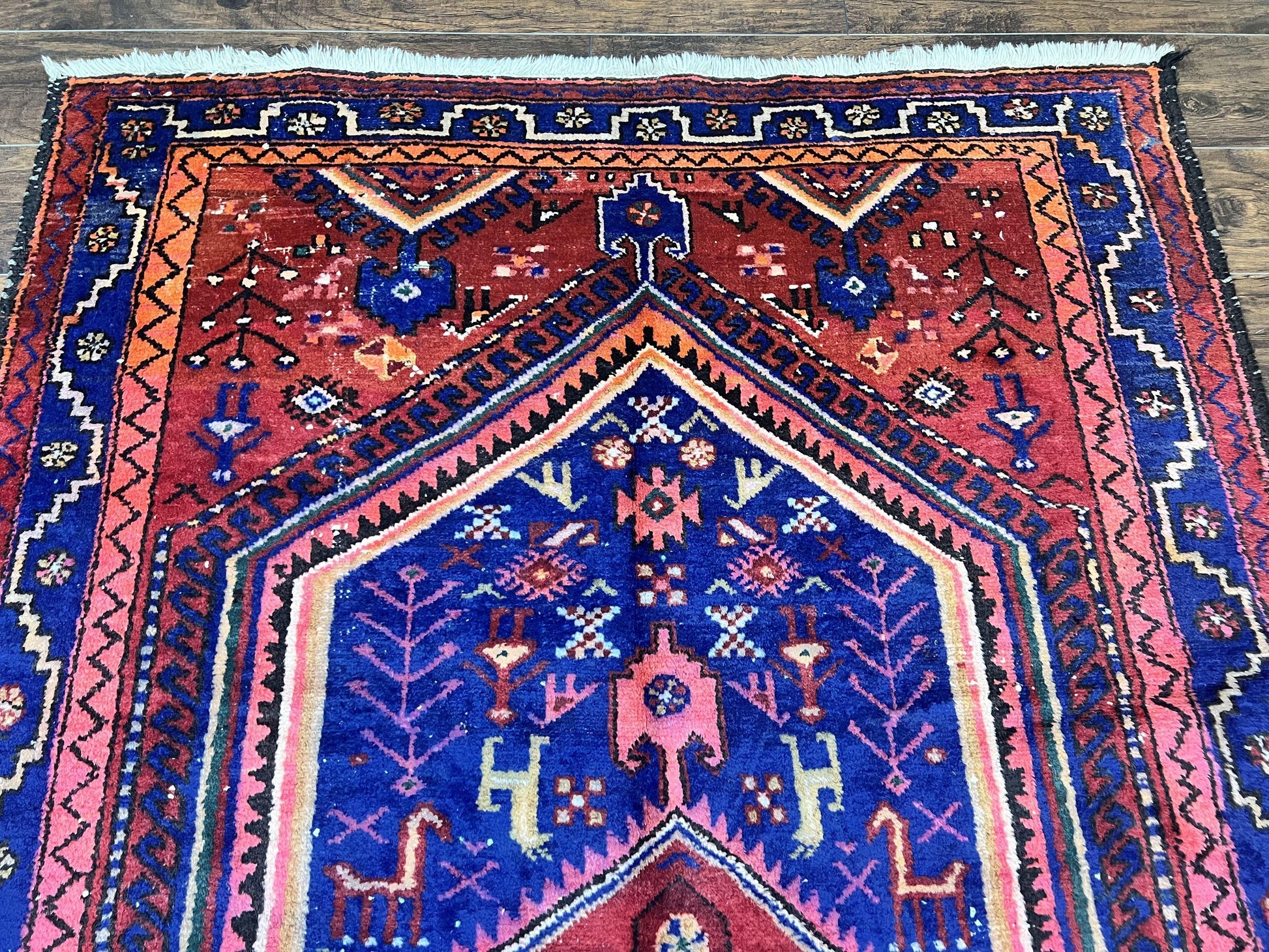 Persian Tribal Rug 5x7, Wool Handmade Vintage Hamadan Nahavand Carpet, Red & Navy Blue, Animal Motifs, Geometric Oriental Rug 5 x 7 - Nuvé